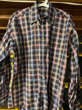 Burberry Black Plaid Button-Down Shirt with Blue, Red & Tan Stripes